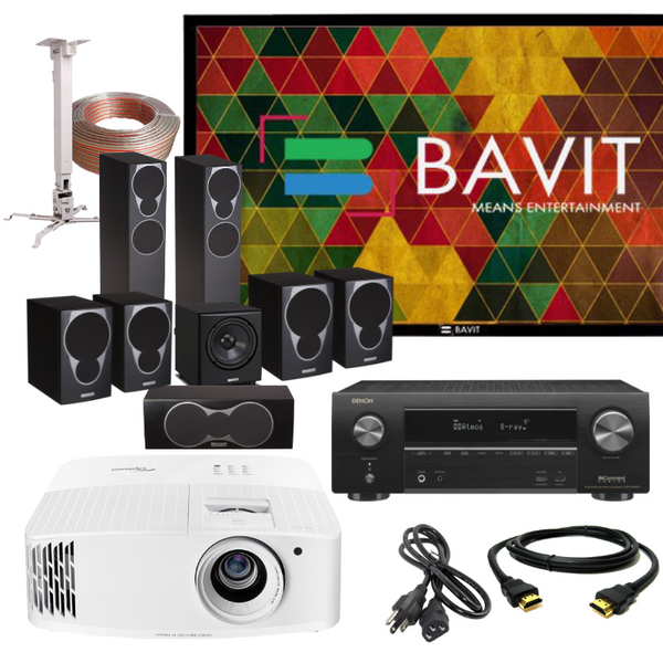 Optoma UHD33 Projector, Denon 1600H AVR, Mission MX Series 7.1 Speaker System With Bavit 100 Inches Fixed Frame Projection Screen Home Theater Package.