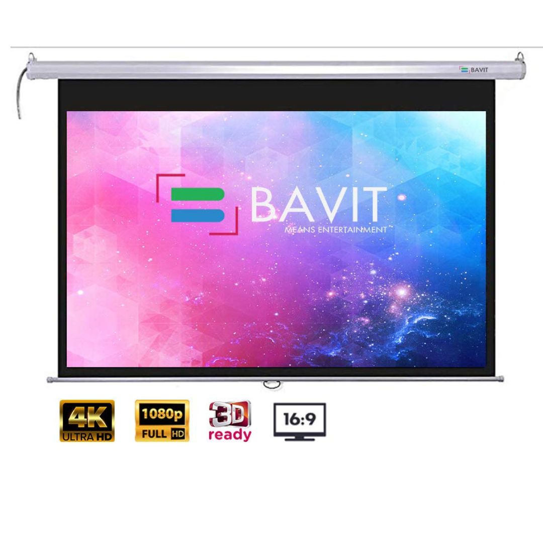 Bavit 16:9 Auto-Lock/Self-Lock/Insta-Lock Manual Pull Down Projection Screen - Matt White Fabric 4K/Full HD & 3D Ready