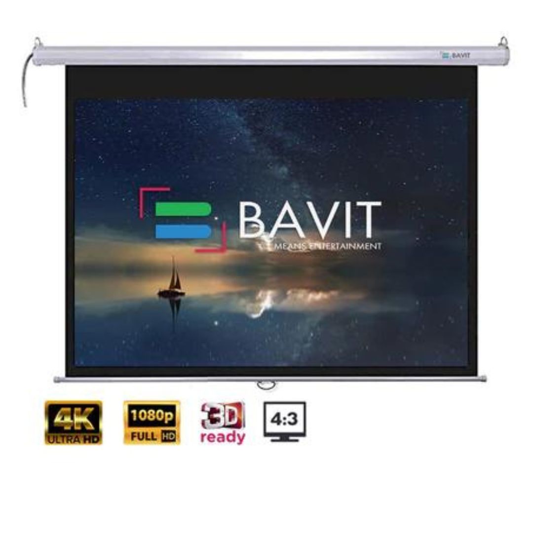 Bavit 4:3 Auto-Lock/Self-Lock/Insta-Lock Manual Pull Down Projection Screen - Matt White Fabric 4K/Full HD & 3D Ready