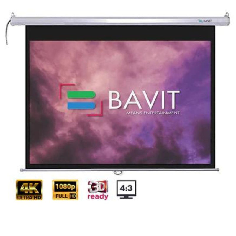 Bavit 4:3 Auto-Lock/Self-Lock/Insta-Lock Manual Pull Down Projection Screen - Matt White Fabric 4K/Full HD & 3D Ready