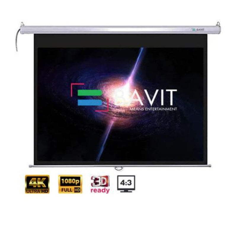 Bavit 4:3 Auto-Lock/Self-Lock/Insta-Lock Manual Pull Down Projection Screen - Matt White Fabric 4K/Full HD & 3D Ready
