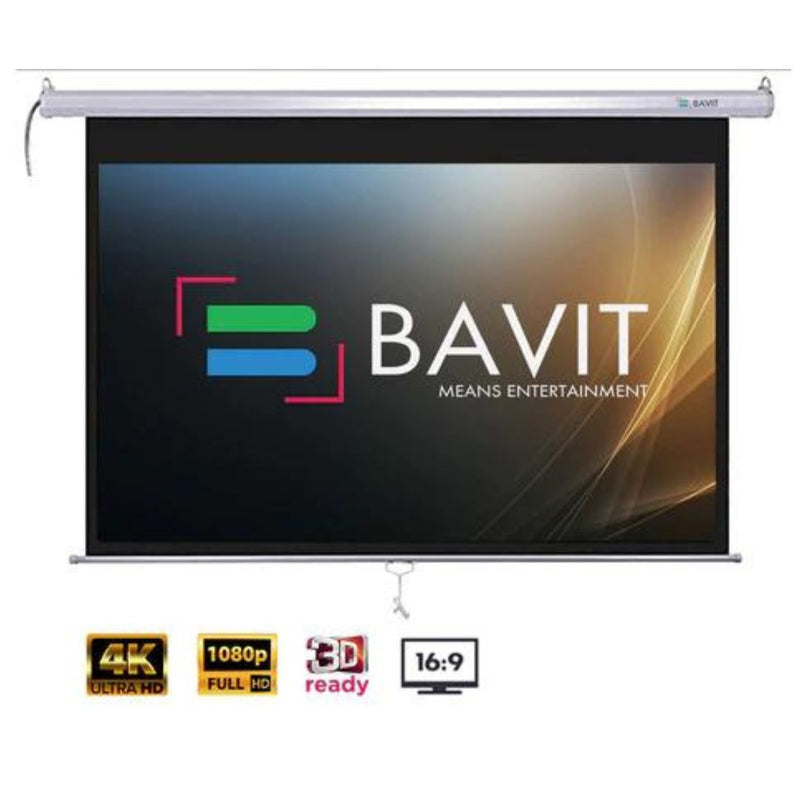 Bavit 16:9 Wall Type Projection Screen with Spring Action - Matt White Fabric 4K/Full HD & 3D Ready