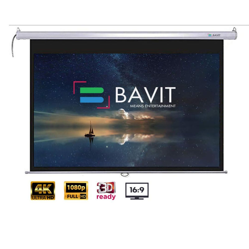 Bavit 16:9 Auto-Lock/Self-Lock/Insta-Lock Manual Pull Down Projection Screen - Matt White Fabric 4K/Full HD & 3D Ready